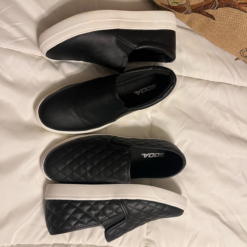 Soda Brand slip on sneakers. Black leather. Size 7. Quilted pair never worn.